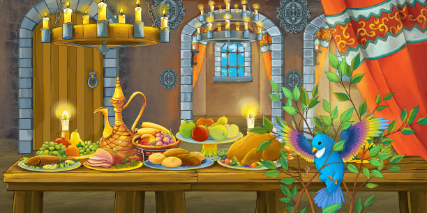 卡通童话场景中，小鸟坐在摆满食物的桌子旁图片下载