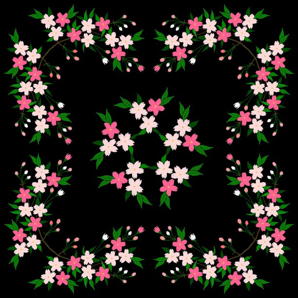 用樱花花枝绣线。向量时尚装饰图案上的黑色背景。民间花卉装饰用于服装、织物设计。图片下载