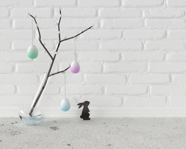 复活节手工家居装饰，插柳枝的花瓶，挂复活节彩蛋和复活节兔子雕像，3d渲染。图片下载