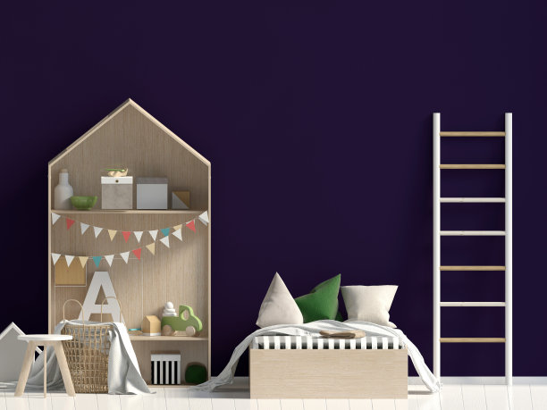 在孩子的内部模拟墙。睡觉的地方。现代风格。三维演示素材图片