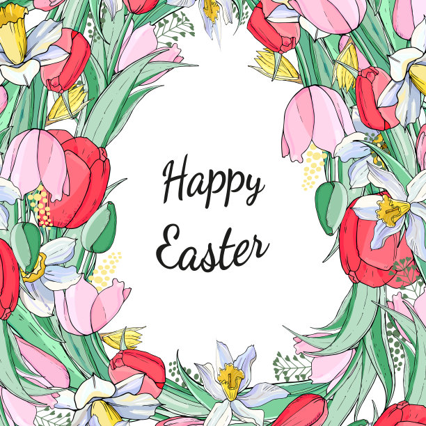 股票向量花卉春季复活节贺卡。美丽的花框架从红色和粉红色的郁金香和水仙花与文字。素材图片
