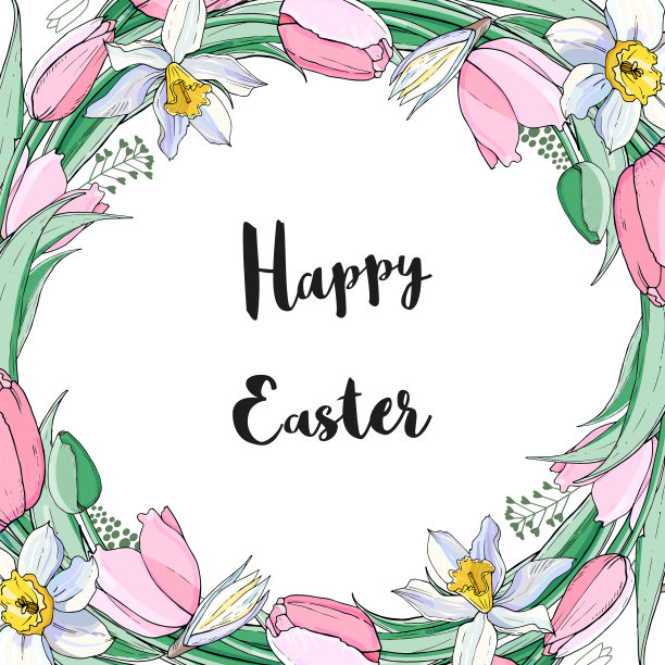 股票向量花卉春季复活节贺卡。美丽的花框架从粉红色郁金香和水仙花与文字。素材图片