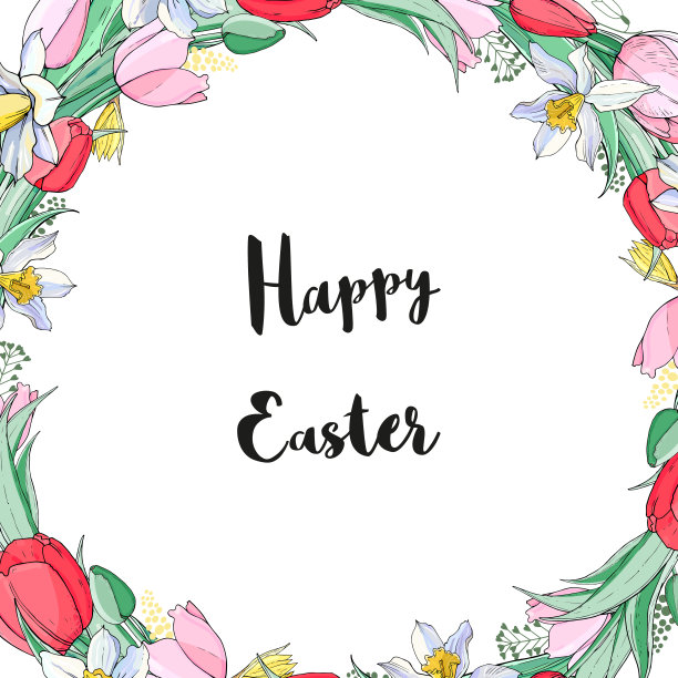 股票向量花卉春季复活节贺卡。美丽的花框架从红色和粉红色的郁金香和水仙花与文字。素材图片