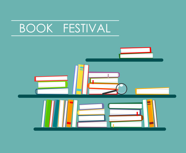 书堆在书架上与碑文的风格扁平化。矢量插图书展图片下载