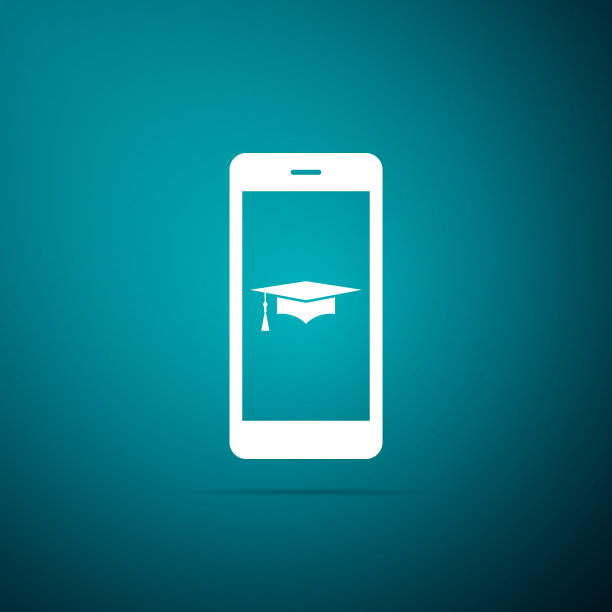 毕业帽和智能手机图标。在线学习或电子学习概念图标孤立在绿色背景上。平面设计。矢量图图片下载