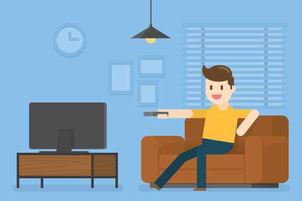 年轻人在家里看电视。图片下载