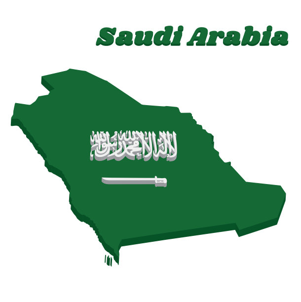 3d沙特阿拉伯地图的轮廓和旗帜，一个绿色的领域，在一个水平的马刀上面用白色的Thuluth文字写着Shahada或穆斯林信条。图片下载