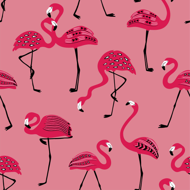 无缝图案与民间艺术火烈鸟。图片下载