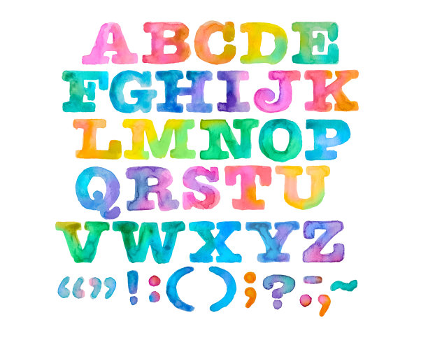 色彩鲜艳的水彩字母和标点符号图片下载