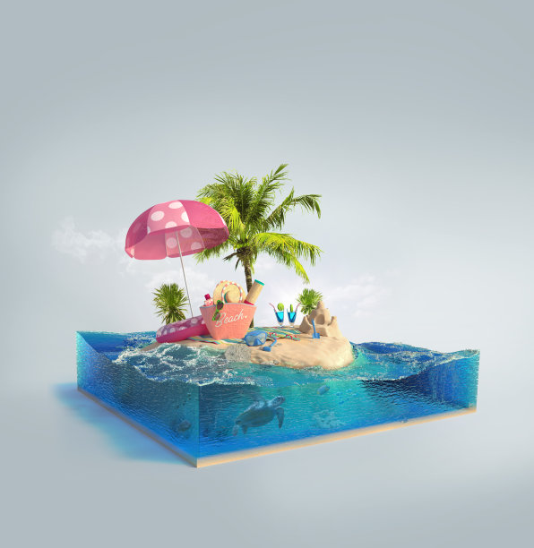 旅游和假期背景。3d插图与切割的大海和美丽的岛屿。婴儿岛孤立在白色。图片下载