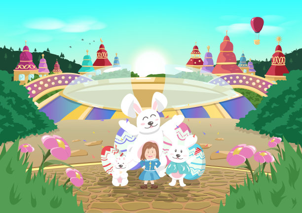 复活节快乐，狂欢节，太阳升起，童话故事奇幻城市卡通，庆祝派对在季节假日背景海报矢量插图图片下载