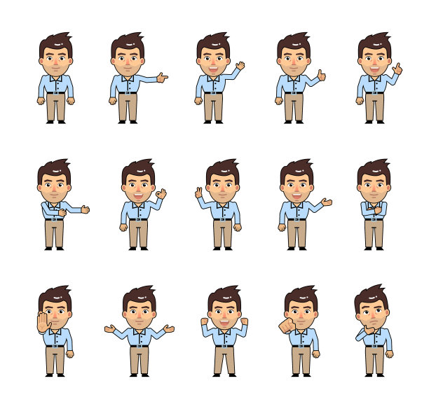 一组赤壁人字符显示不同的手势。卡哇伊商人指手划脚、打招呼、竖起大拇指、示意停止、ok等手势图片下载