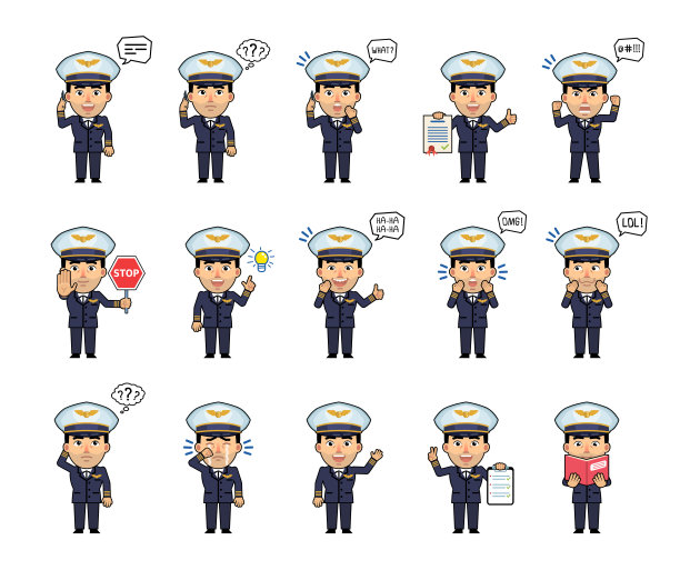 一组航空公司飞行员的角色，显示各种行动，情绪。队长打电话、思考、惊讶、拿文件、看书等动作图片下载