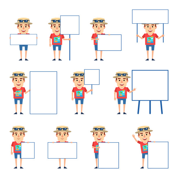 一组游客人物与各种空白招牌摆姿势。滑稽的游客手持横幅、纸、标语牌，指向白板图片下载