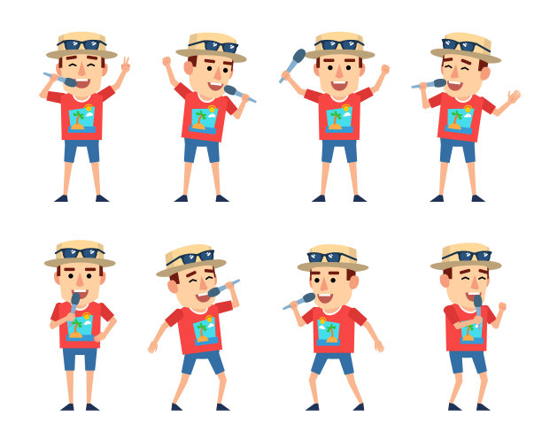 一组带有麦克风的游客角色在不同的情况下摆姿势。有趣的旅游唱歌图片下载