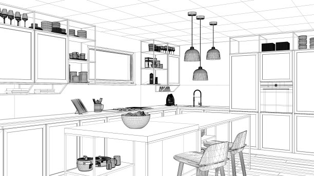 室内设计项目，黑白水墨草图，展示现代厨房的建筑蓝图，带有凳子和配件的岛屿，当代建筑图片下载