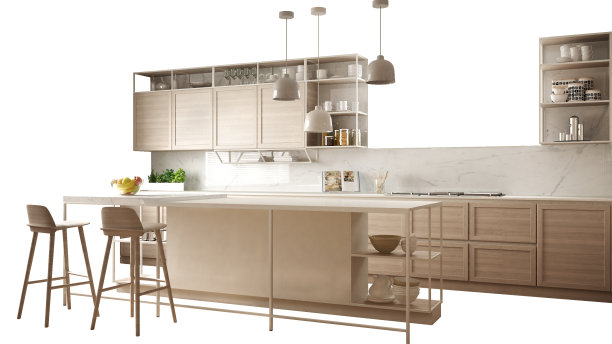 现代白色厨房与木制的细节，岛与凳子，室内设计理念的想法，孤立的白色背景与复制空间，极简主义家具图片下载