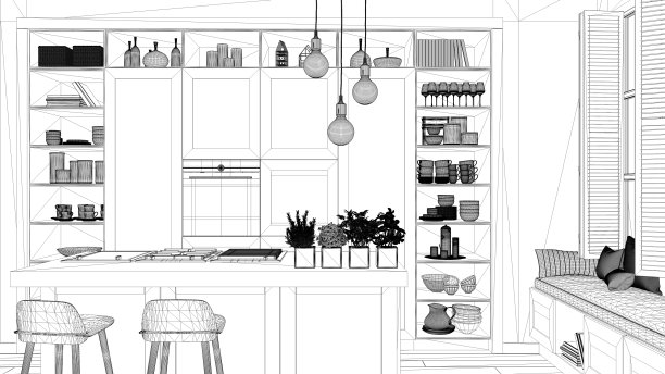 室内设计项目，黑白水墨草图，建筑蓝图展示现代豪华公寓的现代厨房，镶木地板，当代建筑图片下载