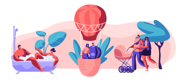 快乐时刻生活套装。男人和女人在浴室里一起洗澡和泡泡。一对年轻的情侣在空中放飞气球。在公园里推着婴儿车带家人散步。平面卡通矢量插图图片下载