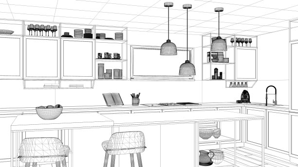 室内设计项目，黑白水墨草图，展示现代厨房的建筑蓝图，带有凳子和配件的岛屿，当代建筑图片下载