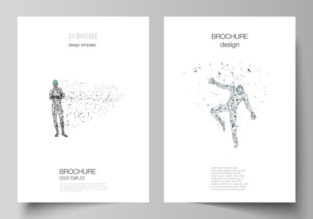 矢量布局A4格式现代封面模型设计模板的小册子，杂志，传单，小册子，年度报告。戴着虚拟现实眼镜的人。虚拟现实，未来技术概念。图片下载