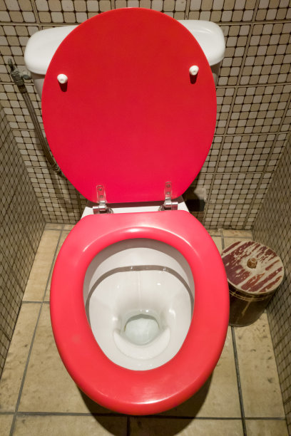 红色马桶坐在瓷砖马桶里图片下载