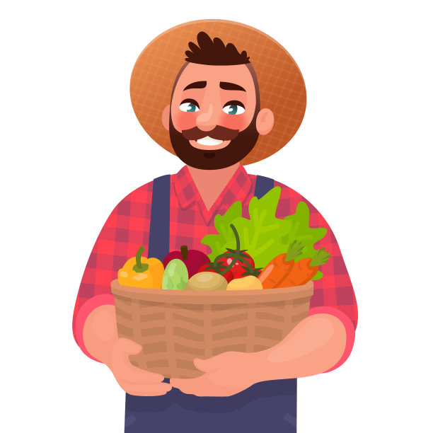 快乐的男农民拿着篮子和蔬菜。实用而美味的乡村食物。私人农场的设计元素图片下载