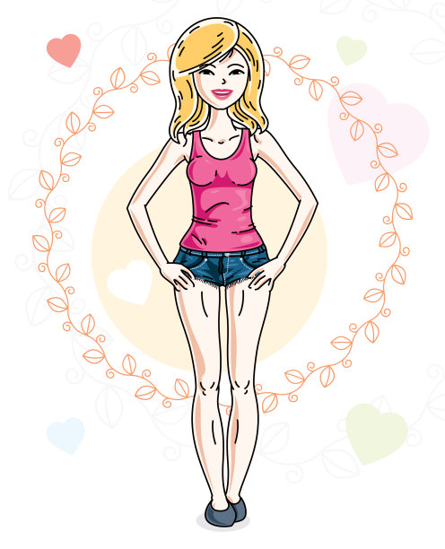 年轻美丽的金发女人在明亮的背景与爱心和穿着休闲衣服。矢量吸引女性插图。情人节主题卡通。图片下载
