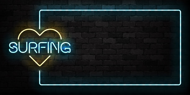 矢量现实隔离霓虹灯冲浪框架符号模板装饰和布局覆盖在墙壁背景。图片下载