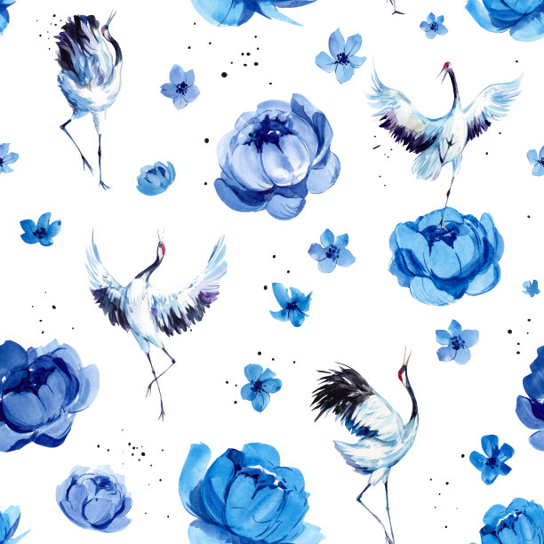 仙鹤与鲜花水彩无缝图案，手绘插画素材图片