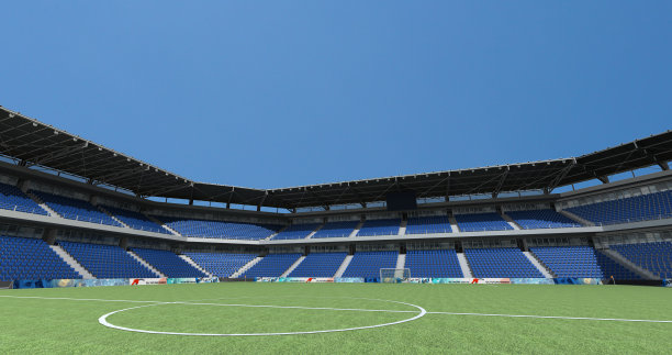 空座位足球场，蓝天背景，3D渲染图片下载
