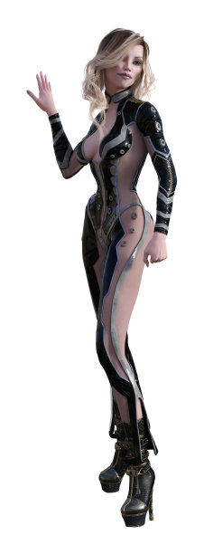 插图的一个女人与蜂蜜金黄色的头发在一个形式合身的紧身衣做一个交谈的手势在一个白色的背景。图片下载