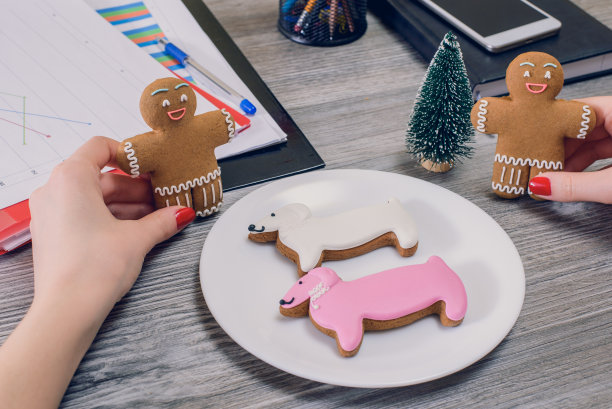 这位女士正在工作中等待平安夜的到来。裁剪的近距离照片滑稽快乐的微笑与可爱的纽扣，白色，粉色可爱的狗是在女人的手和盘子图片下载