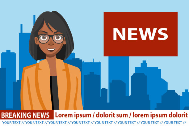 电视新闻节目的非裔美国女主播。突发新闻矢量插图。媒体对电视的概念。新闻主播与记者在屏幕上直播新闻。图片下载