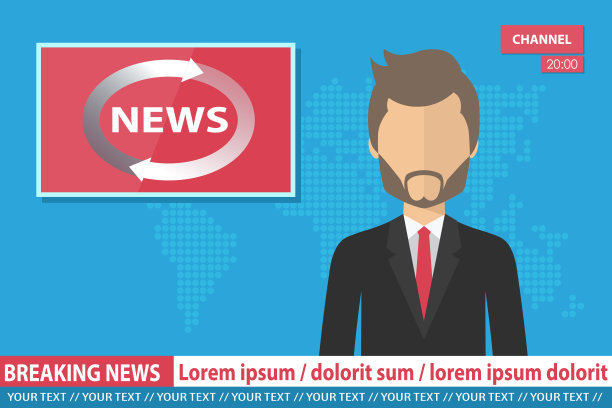 突发新闻的概念。新闻主播与记者在屏幕上直播新闻。平面向量插图图片下载