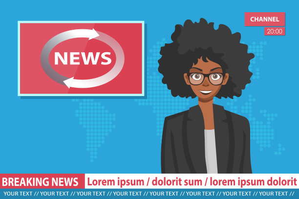 电视新闻节目的非裔美国女主播。突发新闻矢量插图。媒体对电视的概念。新闻主播与记者在屏幕上直播新闻。图片下载