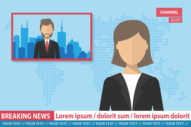 突发新闻的概念。新闻主播与记者在屏幕上直播新闻。平面向量插图图片下载