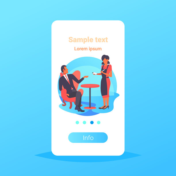 年轻的女服务员从商人游客在豪华餐厅工作人员待客概念男人有商务午餐蓝色背景复制空间平坦全长图片下载