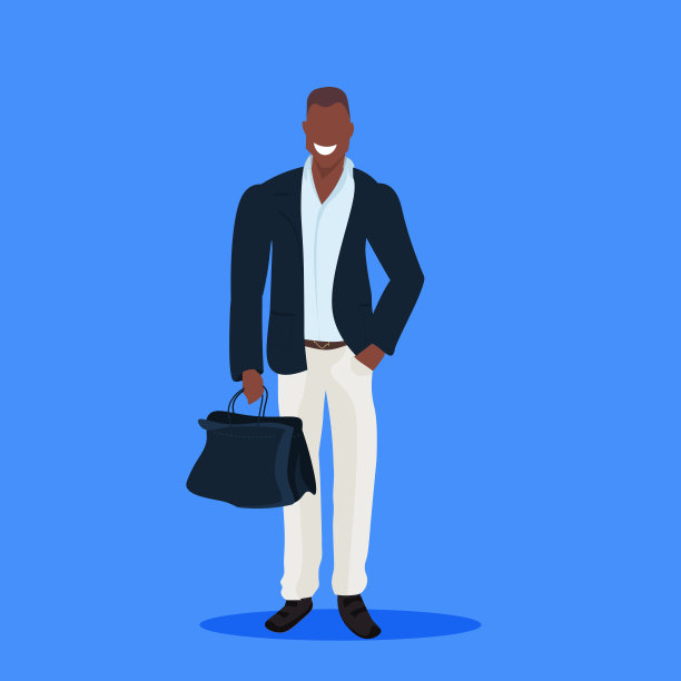 快乐的非裔美国商人拿着公文包商人办公室职员男性卡通人物全长站立姿势平面蓝色背景图片下载