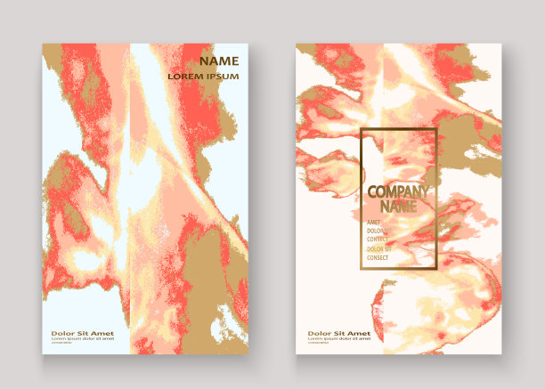 珊瑚金大理石豪华质感油漆艺术，婚礼请柬设计。装饰粉金色飞溅流体在白色背景，矢量插图。时尚模板向量封面卡片传单海报横幅图片下载