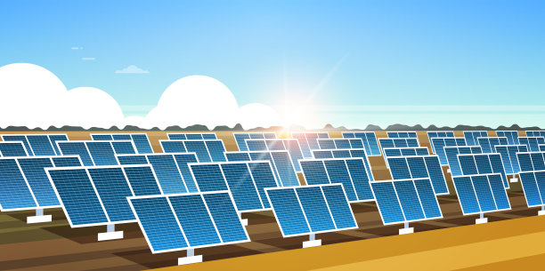 太阳能电池板场可再生电站替代电源概念光伏区日出景观背景水平横幅平坦图片下载