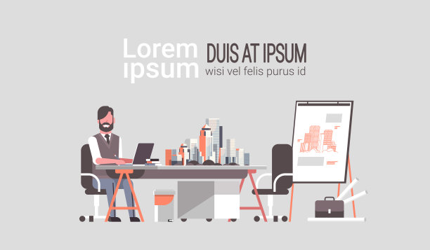 男建筑师坐在工作场所工程师在新房子的笔记本电脑上工作蓝图建筑模型计划在绘图板上城市平移项目概念水平全长复制空间图片下载