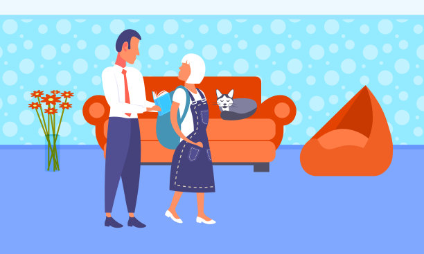 爸爸帮小女儿收拾书包准备开学第一天的概念，男人和女学生客厅内读书全长水平图片下载