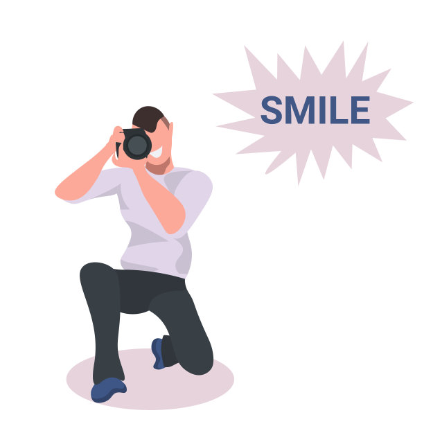 男子摄影师用相机拍摄男性角色站在膝盖上，拍摄完整的平面白色背景图片下载