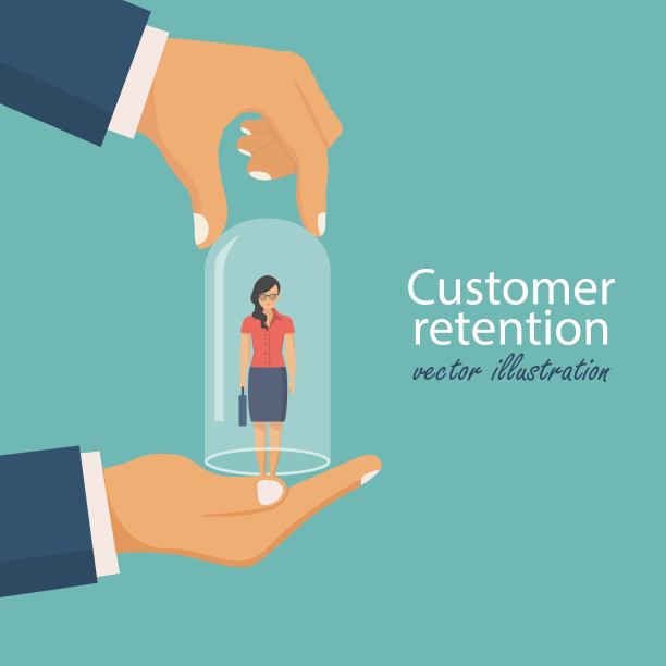 客户保留的概念。提供节约客户忠诚度。客户关怀。手里拿着客户的女商人盖着一个玻璃灯泡。矢量插图在平面风格。图片下载