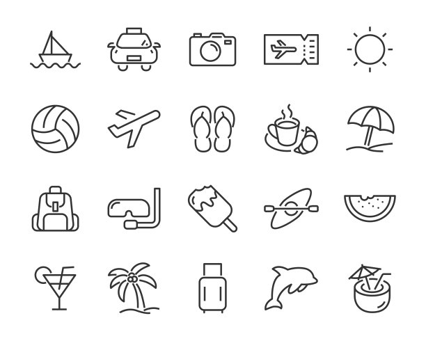 一套度假图标，如旅游，夏季，旅行，假日，海滩，季节图片下载