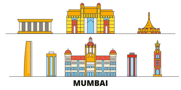 印度，孟买平面地标矢量插图。印度孟买一线城市拥有著名的旅游景点、天际线、设计。图片下载