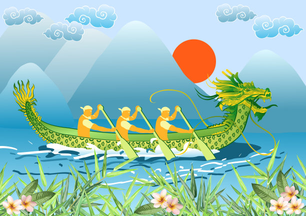 端午节(端午或忠孝)。河流景观有中国龙舟、竹叶和鸡蛋花。矢量插图。素材图片