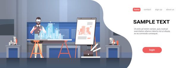 男人建筑师工程师戴着数字眼镜虚拟现实三维建筑城市模型vr建模耳机视觉概念房子蓝图现代办公室室内水平全长复制空间图片下载