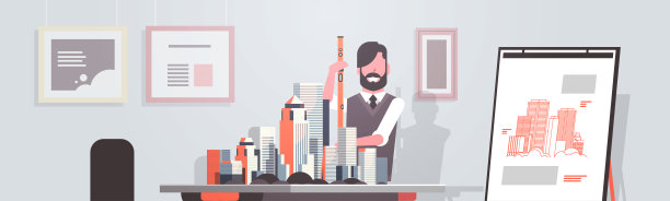 男建筑师持有水平工程师工作与新的建设城市模型城市平移项目概念住宅蓝图现代办公室工作室室内水平肖像图片下载